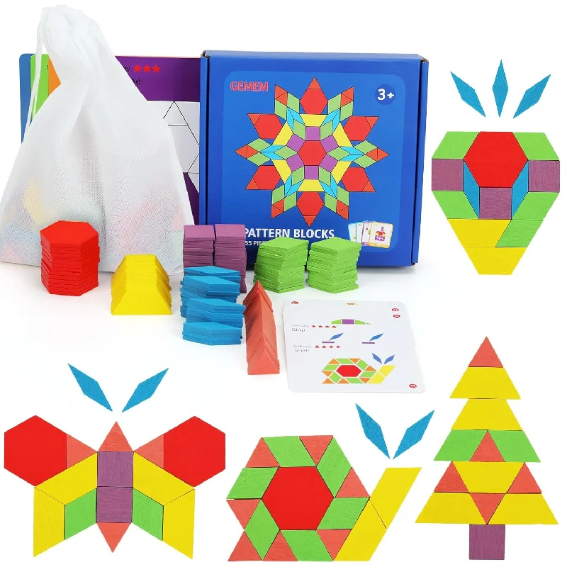 155 Pcs Wooden Pattern Blocks Set Geometric Shape Puzzle Kindergarten Class