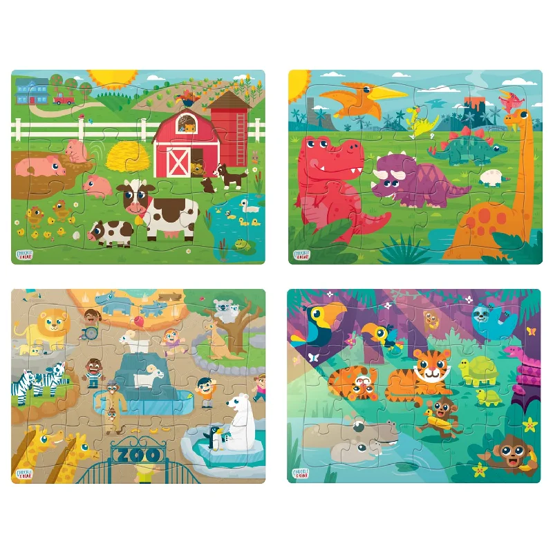 4 Pack Tray Puzzles Farm, Dinosaurs, Jungle, And Zoo Larger Pieces Designed