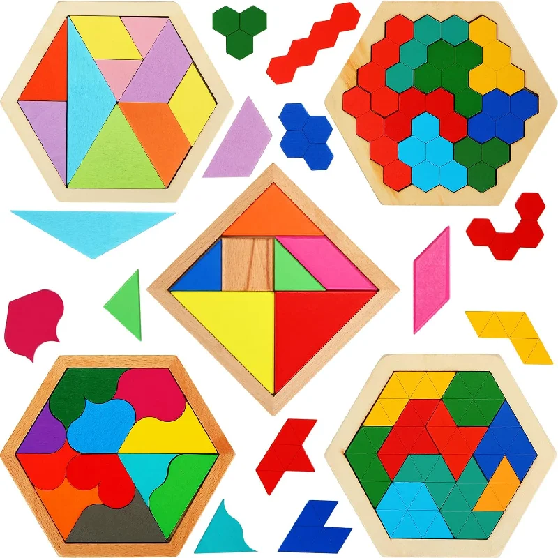 5 Pack Wooden Hexagon Puzzle for Kid Shape Pattern Block Brain Teaser Puzzl