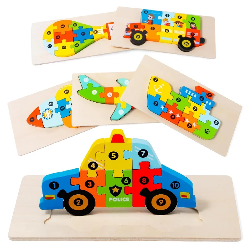 6 Pack Wooden Vehicle Toddler Puzzles For Kids Ages 2 3 4 5 6, Baby Montess