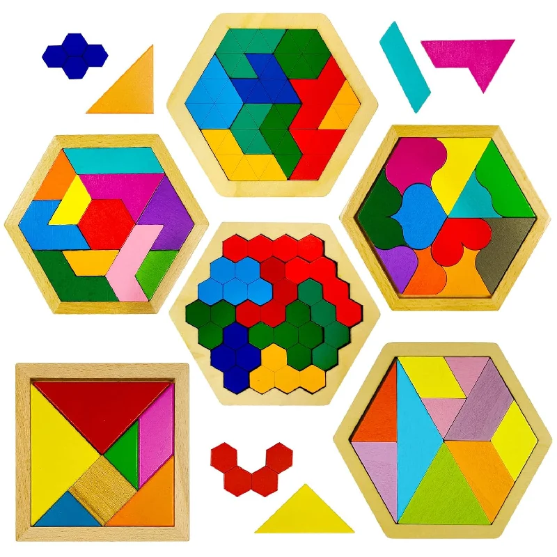 6 Pcs Wooden Tangrams Puzzles For Kids, Wooden Hexagon Toddlers Puzzles Blo