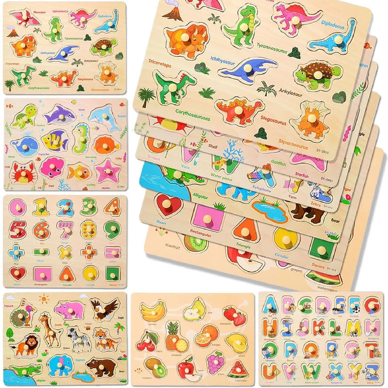 6Pcs Toddler Wooden Peg Puzzle Toys For Age 2 4 3 5 Year Old Boys Girls,Edu