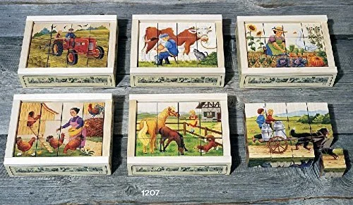 Atelier Fischer Wooden Block Cube Puzzle in Wooden Case - Farm Scenes (12 Pieces)