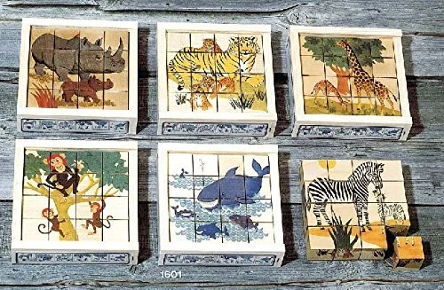 Atelier Fischer Wooden Block Cube Puzzle in Wooden Case - Wild Animals (16 Pieces)