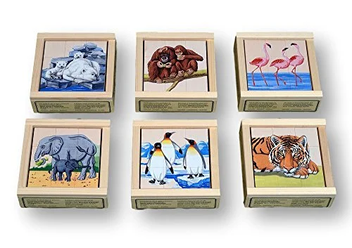 Atelier Fischer Wooden Block Cube Puzzle in Wooden Case - Zoo Animals (9 Pieces)