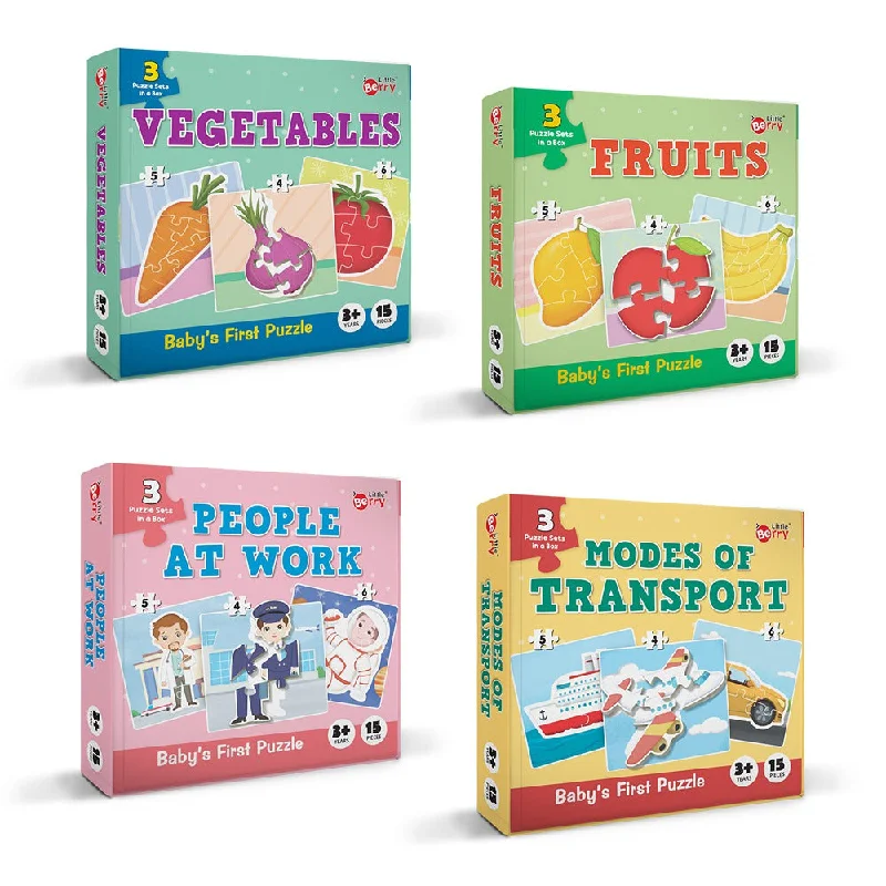 Baby’s First Jigsaw Puzzle Fruits, Vegetables, People At Work & Modes of Transport (Set of 4) | 60 Pieces