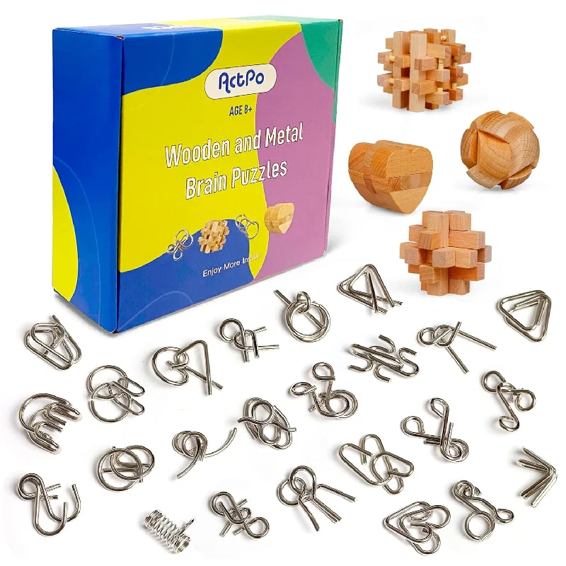 Brain Teaser Puzzles 28Pcs Unlock Interlock Game, Iq Logic Test Wooden And