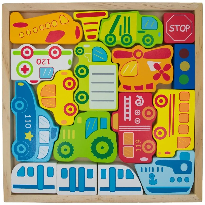 Cars, Ship, Plane, Helicopter And Sign Learning Wooden Blocks Puzzle