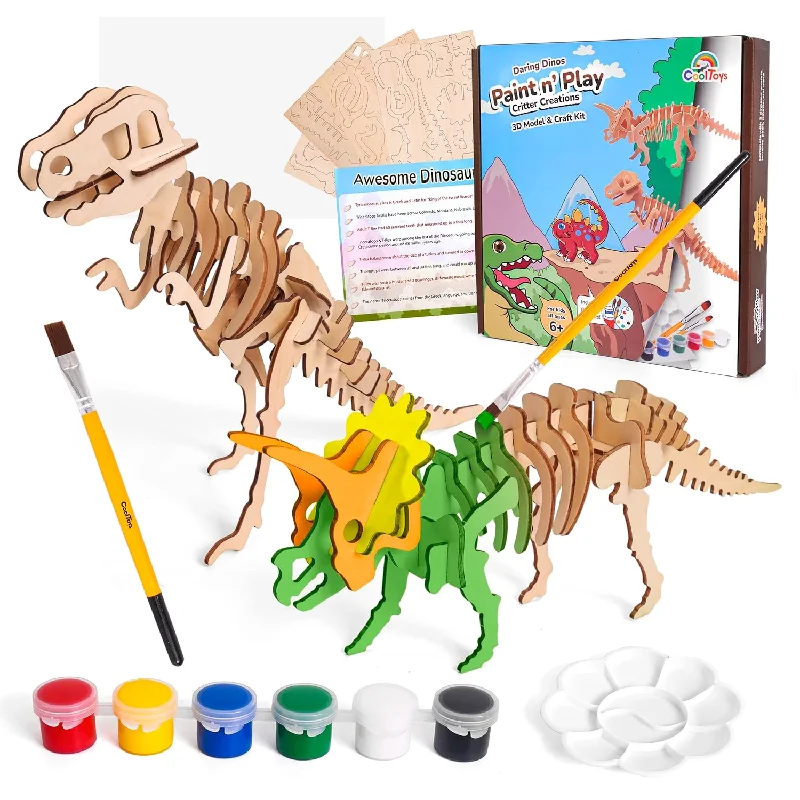 Daring Dinos Paint N' Play 3D Wooden Dinosaurs Puzzle Model And Craft Kit Stem