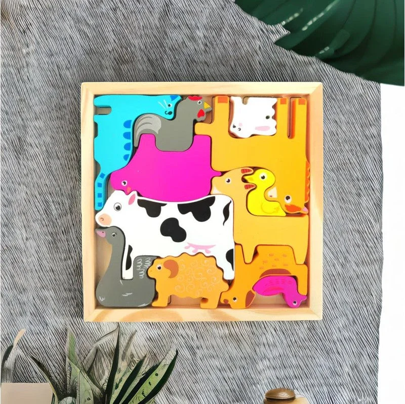 Domestic Animal Puzzle - Wooden Square Tray With Domestic Animal Blocks