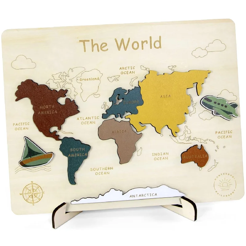 Explore & Learn: Montessori Wooden World Map Puzzle Educational Geography Toy