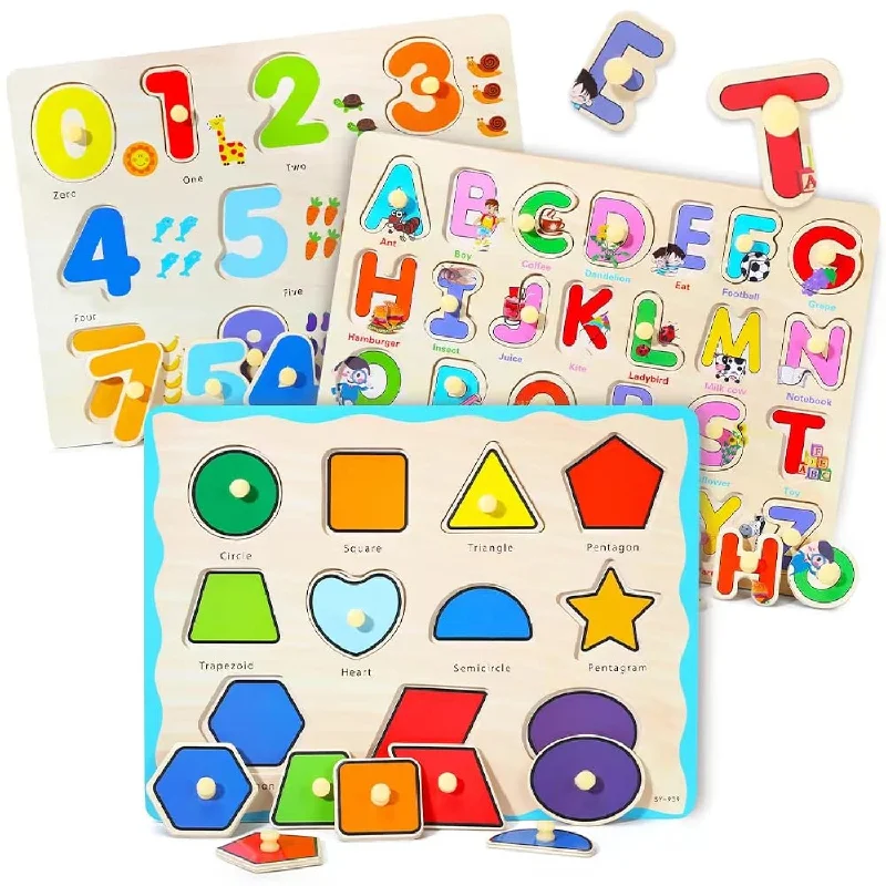 Grinnnie Wooden Montessori Toddler Puzzles For 1 2 3 4 Years Old, 3 Pcs (Nu