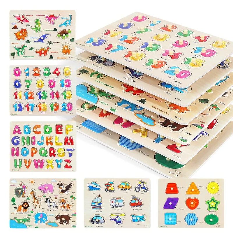 Grinnnie Wooden Peg Puzzle For Toddlers, 6 Pack Toddler Puzzles Set For 3 4