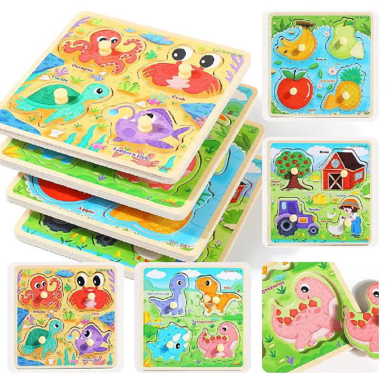 Grinnnie Wooden Toddler Puzzles, 1 2 3 Years Old Learning Montessori Peg Pu