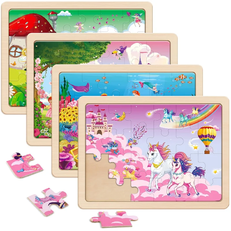 Large Unicorn Mermaid Princess Fairy Wooden Kids Puzzles 4 In 1 Gift Box(12