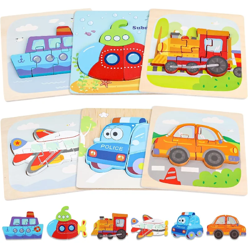 LovesTown 6PCS Wooden Toddler Puzzles, Wooden Vehicle Puzzles Montessori Ji