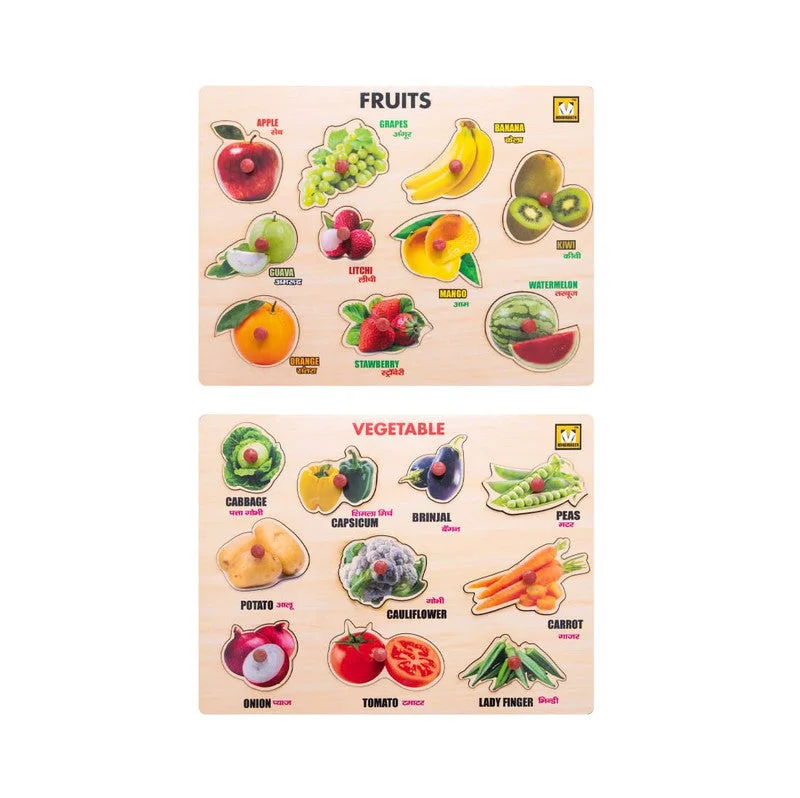 Wooden Knob and Peg Fruits and Vegetables Puzzle Pack of 2 Multicolour - 20 pieces