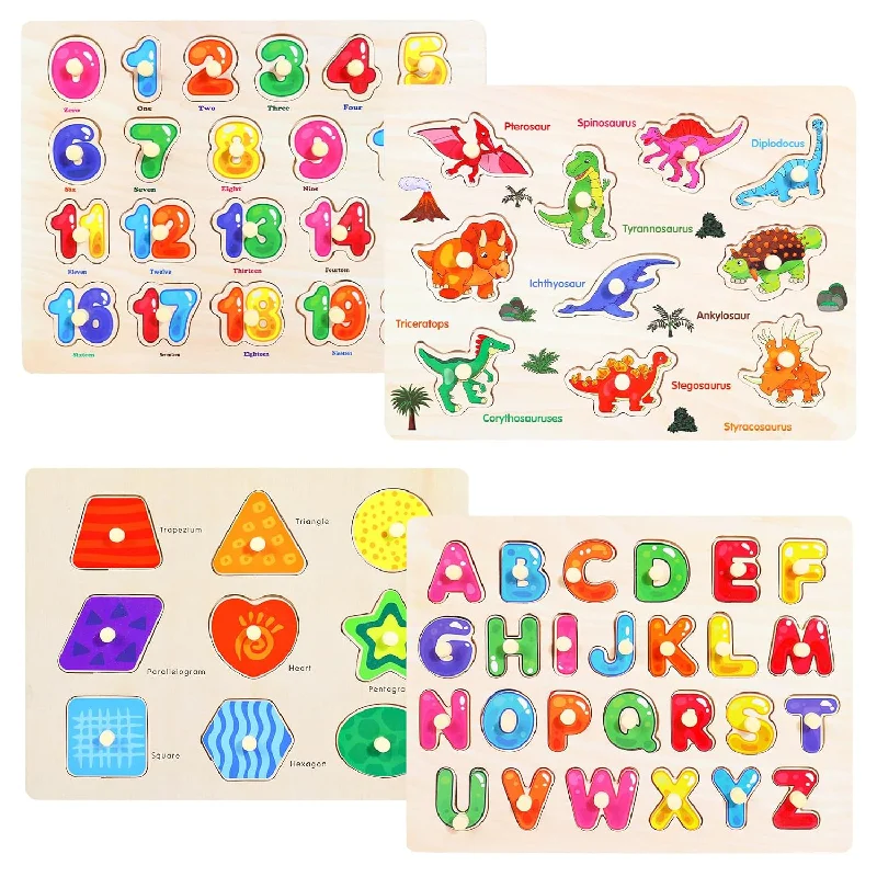 Montessori Wooden Peg Puzzles For Toddlers 2 3 4 5 Year Old, 4 Pcs Kids Edu