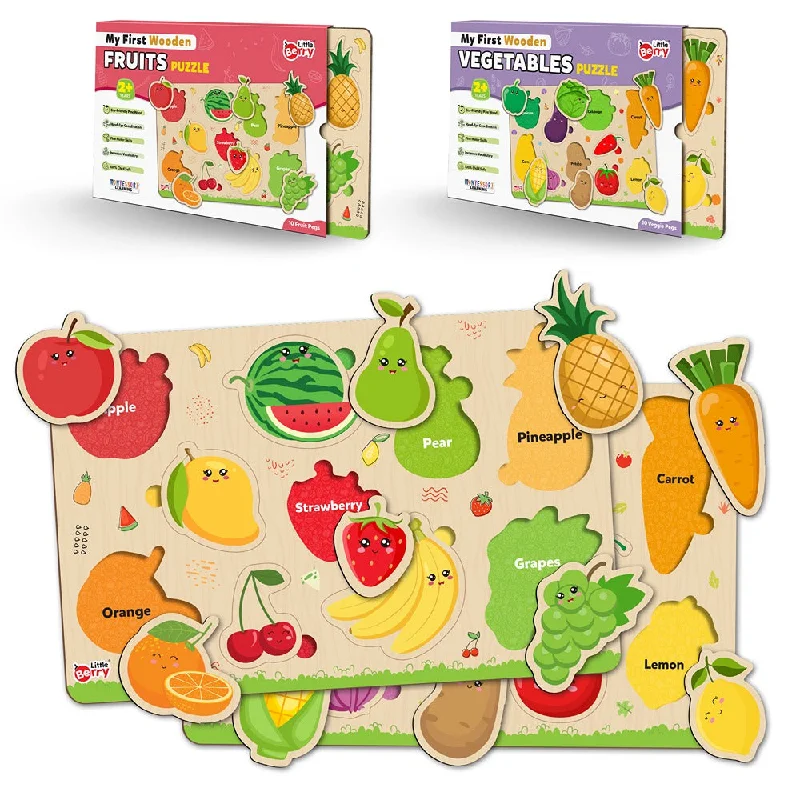 My First Wooden  Fruits & Vegetables Puzzle Tray (Set of 2) | 20 Pegs