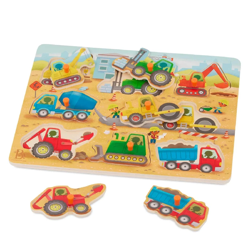 Peek & Explore Construction Trucks Wooden Peg Puzzle Truck Puzzle For Toddl