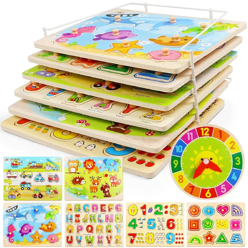 Puzzles For Kids Age 2 4 With Rack And Wooden Clock, 6 Pack Wooden Peg Puzz