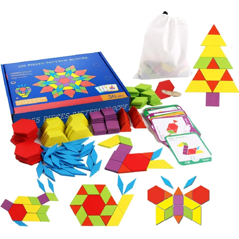 Set Of 155 Wooden Pattern Blocks Geometric Manipulative Shape Puzzle Kinder