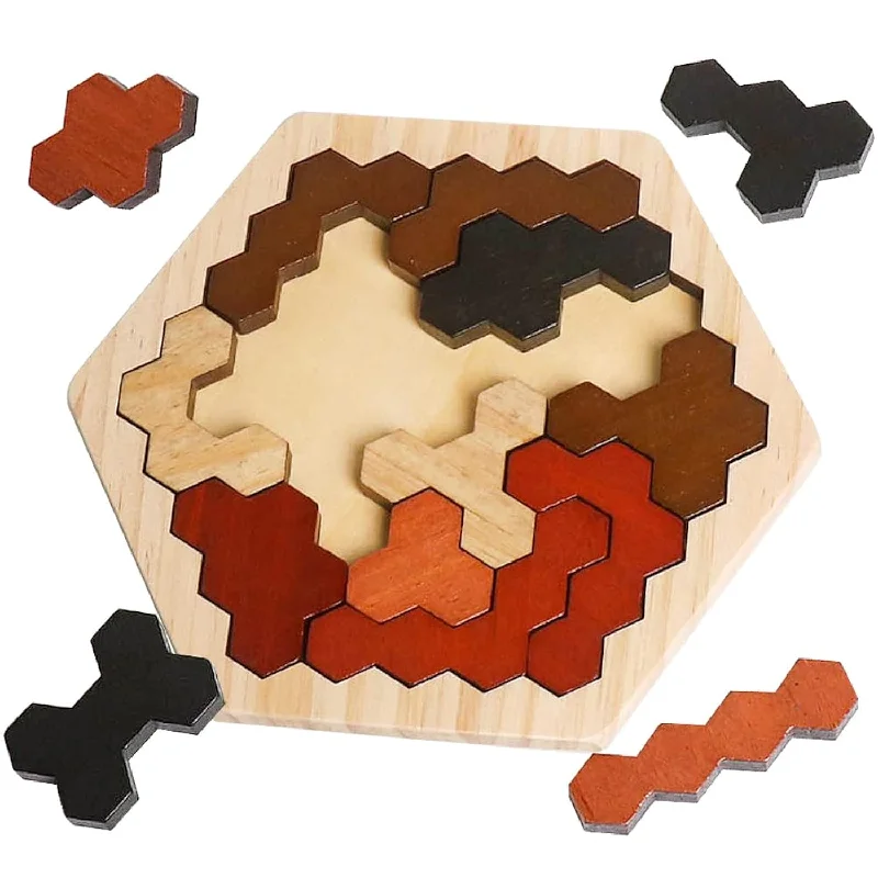 Skrtuan Wooden Hexagon Puzzle for Kid Adults, Colorful Shape Pattern Block