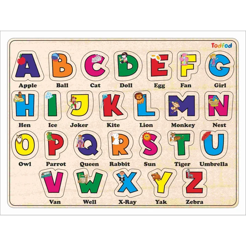 Wooden English Alphabets Puzzle Toy for Kids & Children, English Alphabets with Knob, Multicolor Pictures, Educational and Learning Boards