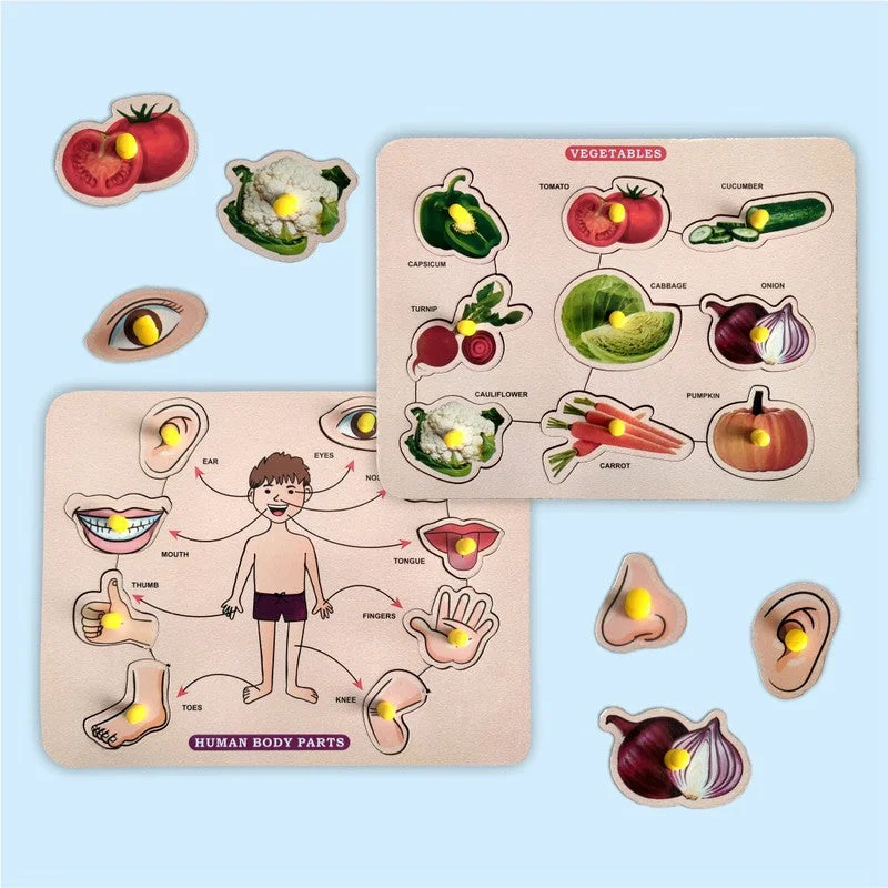 2 in 1 Wooden Body Parts and Vegetables Puzzles for Kids