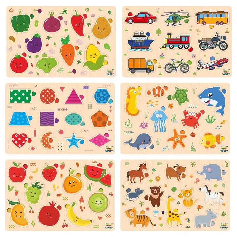 Wooden Educational Colorful Fruits, Vegetables, Sea Animals, Public Transport, Shapes, Animals Puzzle for Preschool Kids- Set of 6