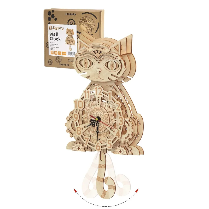 Wooden 3D Puzzles For Adults Model Kit Cat Clock Kids Wall Clock Decor For