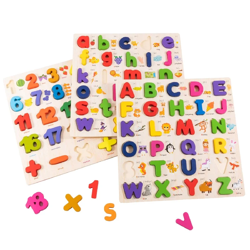 Wooden Alphabet Puzzle For Toddlers, 3 In 1 Lower Case Alphabet Letter Puzz