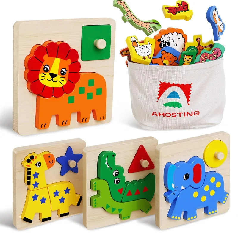 Wooden Animal Puzzles For Toddlers 1 3, Montessori Peg Toys With Color Matc