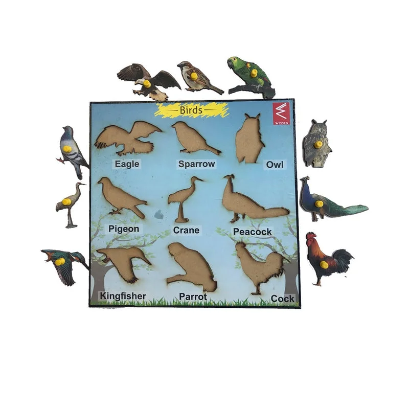 Wooden Birds Learning Educational Knob and Peg Puzzle - 9 Pieces