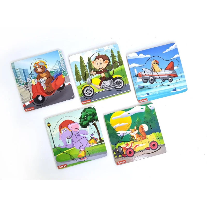 Wooden Board Puzzle (Set of 5)- Animal Riding vehicle theme