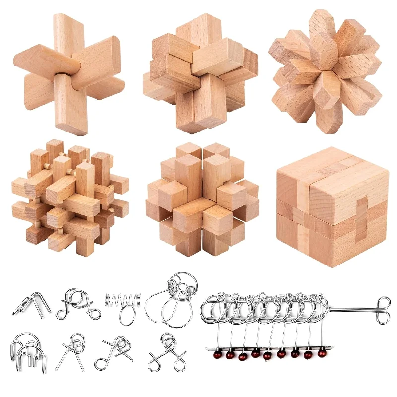 Wooden Brain Teaser Puzzles Metal Unlock Interlock Game, Iq Logic Test Puzzles