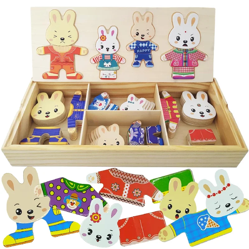 Wooden Bunny Family Dress Up Puzzle Box For Toddlers(72Pcs),Change Clothes