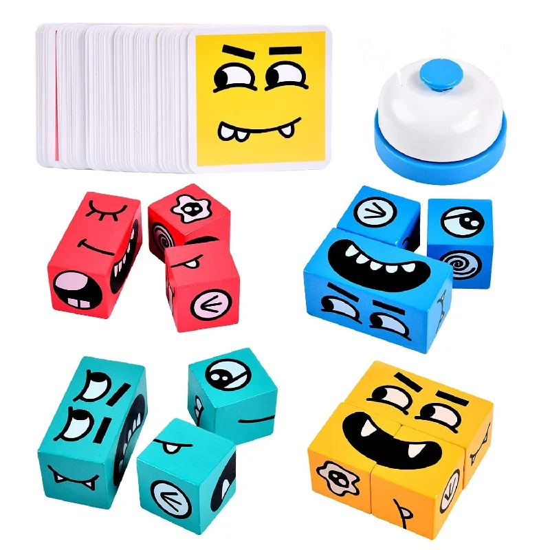 Wooden Face Changing Magic Cube Building Blocks Game Matching Expression Pu