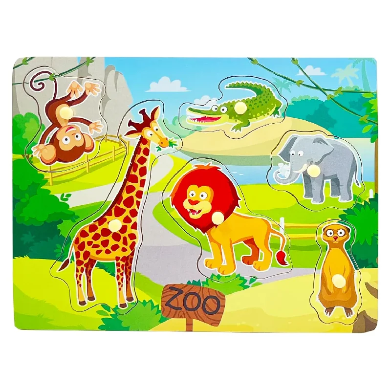 Wooden Peg Baby Puzzles, Full Color Pictures Animal Shape Chunky Puzzle, Ju