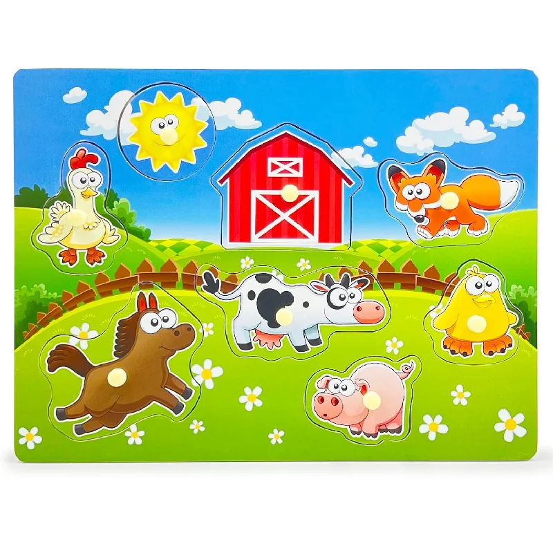 Wooden Peg Puzzle, Farm Chunky Baby Puzzles, Full Color Pictures Wood Shape