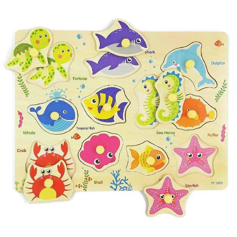 Wooden Peg Puzzle, Sea Creature Chunky Baby Puzzles, Colorful Wood Shape Pu