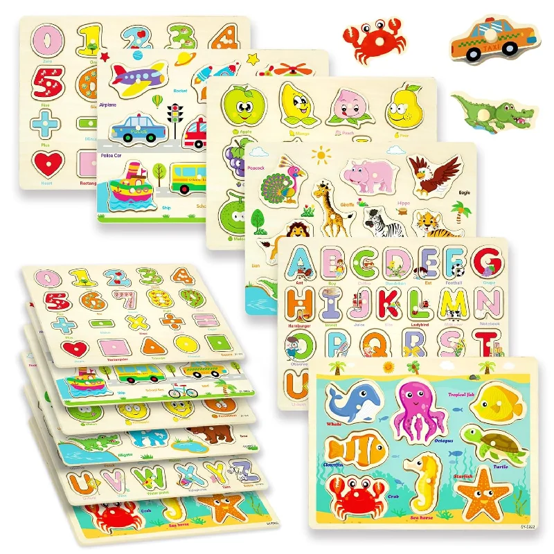 Wooden Peg Puzzles For Toddlers 1 2 3 4, 6 Pack Educational Peg Puzzles Mon