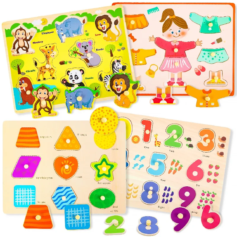 Wooden Peg Puzzles For Toddlers 1 3 Montessori Baby Learning Toys 4 Pcs Educat