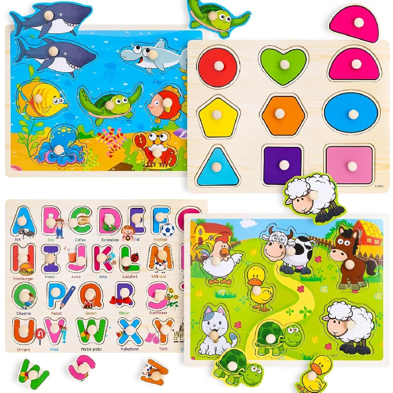 Wooden Peg Puzzles For Toddlers 2 3 4 Year Old, 4 Pack Montessori Toys Pres