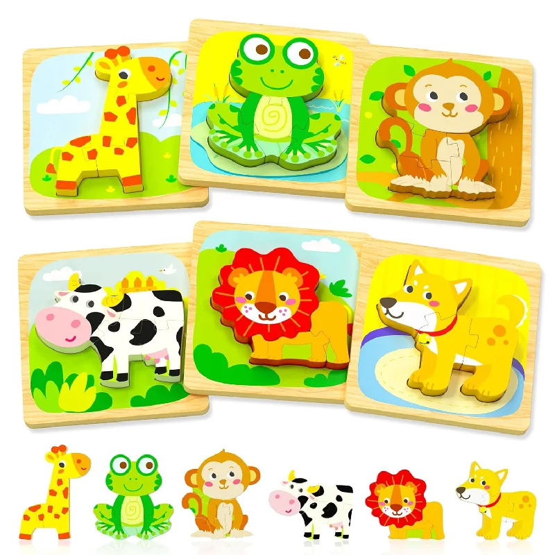 Wooden Toddler Puzzles, 6Pcs Animal Montessori Toys For 1 3 Year Old Boys &