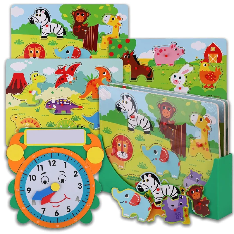 Wooden Toddler Puzzles And Rack Set 3 Pack With Storage Holder Rack And Learni