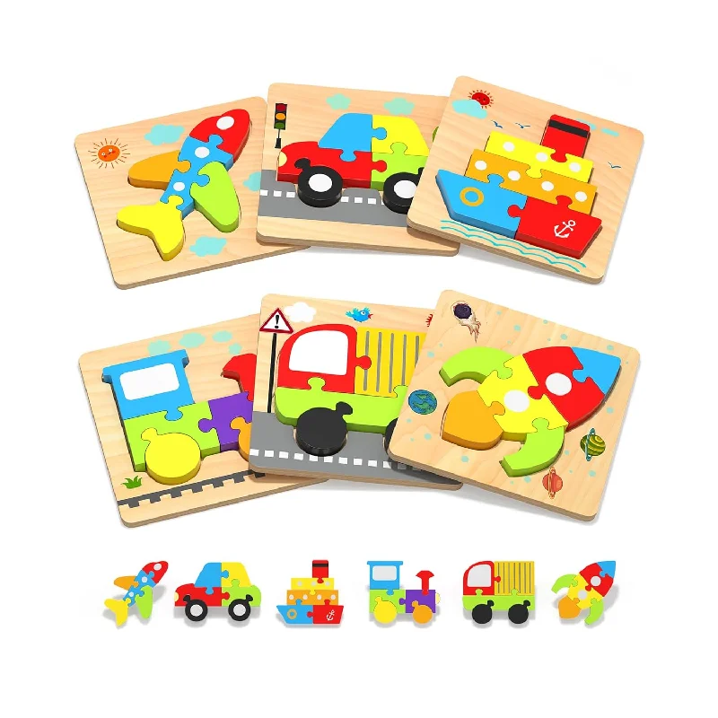 Wooden Toddler Puzzles Gifts Toys For 1 2 3 Years Old Boys Girls, 6 Vehicle