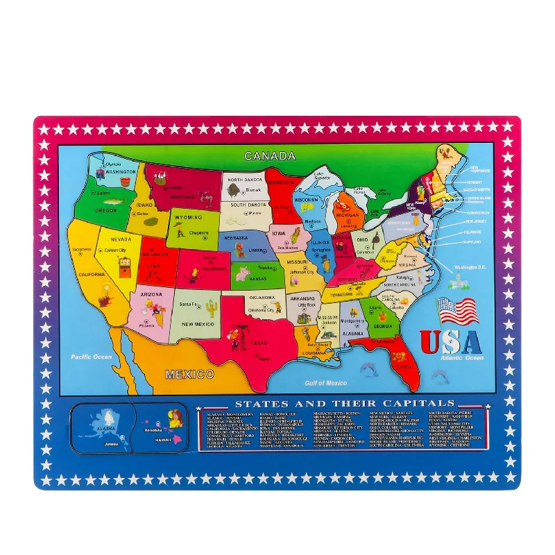 Wooden Usa Map Puzzle, 46 Pieces Us Map Puzzle For Kids, Educational Geogra