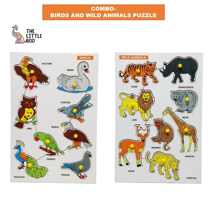 Wooden Wild Animals Puzzle & Birds Puzzle for Kids (Combo of 2)