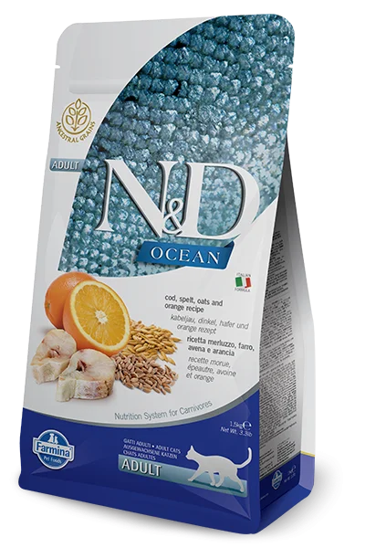 Farmina Ocean N&D Natural & Delicious Adult Cod, Spelt, Oats & Orange Dry Cat Food